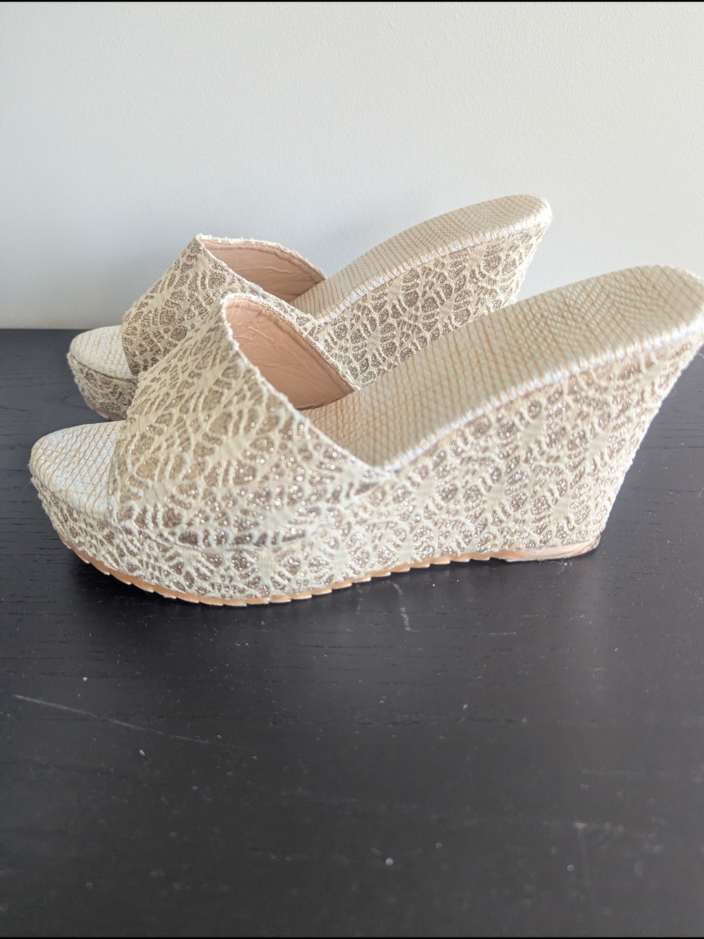 Embellished Cream Lace Wedge Slides - Women's